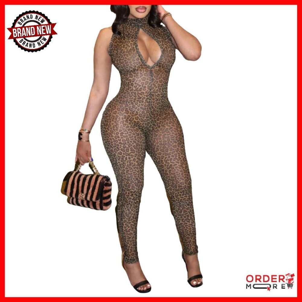 Mesh Bodycon Jumpsuit Sleeveless Hollow Out Back Zipper Sexy Clubwear